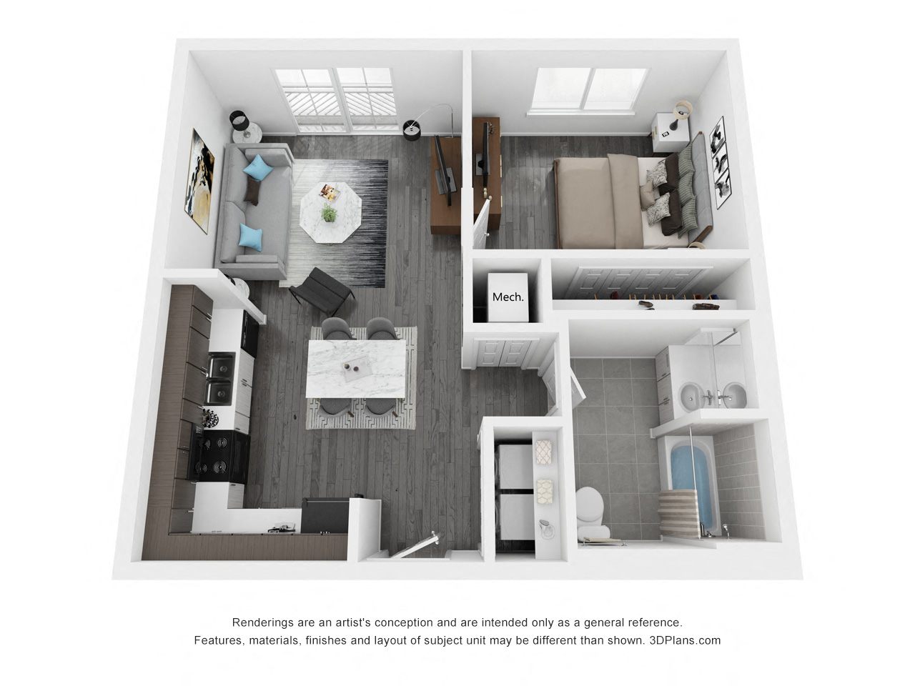 Floor plan for 1 bed, 1 bath, 710 sqft